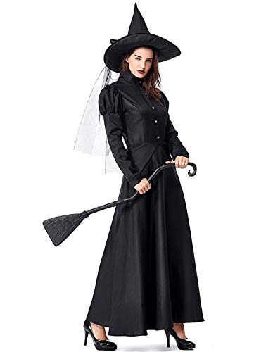 GRAJTCIN Women's Wicked Witch Costume, Halloween Deluxe Classic Witchy Dress Adult (Small, Black)