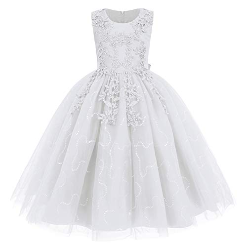 Flower Girl Lace Dress for Kids Wedding Bridesmaid Pageant Party Formal Long Maxi Gown Big Little Princess First Communion Birthday Dance Prom Beaded Sequins Puffy Tulle Dresses White 7-8 Years