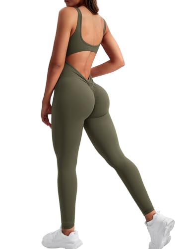 YEOREO Sleeveless Jumpsuits for Women Sexy Backless Gym Bodycon Lizvette V Back Scrunch Butt Rompers Olive Green M