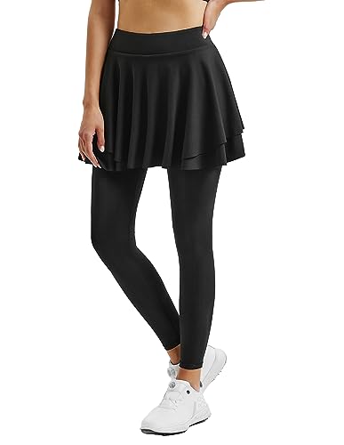 JACK SMITH Tennis Skirted Leggings with Pockets for Women Active Skort Athletic Ruffle Pleated Golf Legging with Skirt(Black,M)