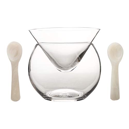 DUEBEL Glass Caviar Chiller Server Set Plus 2 pcs. x Mother of Pearl Caviar Spoon 3.15' – Universal Martini, Wine, Liquor Cocktail Chiller