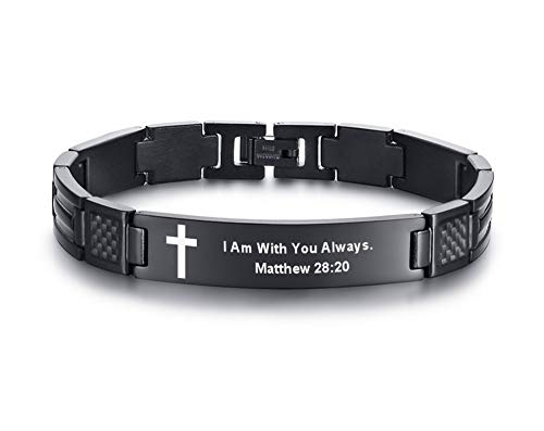 MEALGUET I Am with You Always Engraved Stainless Steel Christian Bible Verse Cross Carbon Fiber Link Bracelet for Men Boy