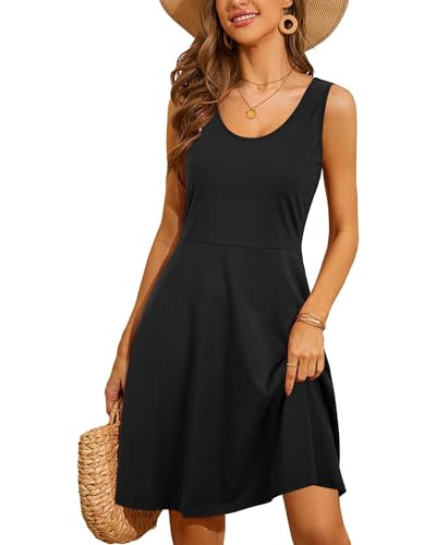 STYLEWORD Women's 2024 Fashion Summer Dresses Little Black Dress Casual Sleeveless Cotton Skater Flare Formal Midi Sundresses Trendy Clothes(Black,XL)