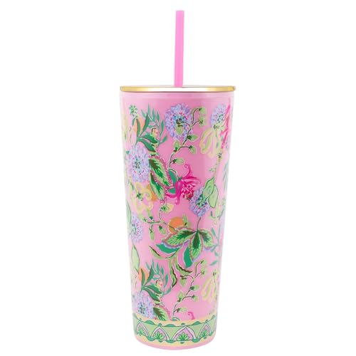 Lilly Pulitzer Double Wall Tumbler with Lid and Reusable Straw, Blue Plastic Cup, Insulated Travel Cup Holds 24 Ounces, Via Amore Spritzer