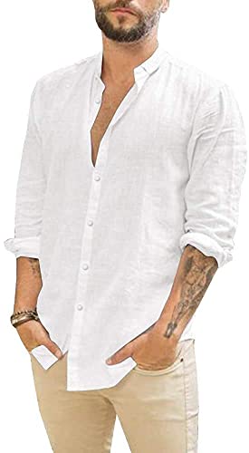 JEKAOYI Mens Casual Long Sleeve Cotton Linen Shirts Buttons Down Solid Plain Roll-Up Sleeve Summer Beach Shirts White