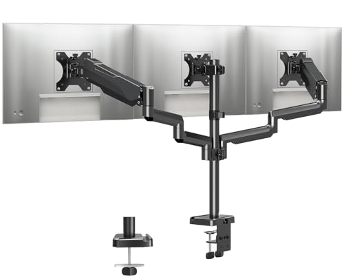 MOUNTUP Triple Monitor Stand Mount - 3 Monitor Desk Mount for Computer Screens Up to 27 inch, Triple Monitor Arm with Gas Spring, Heavy Duty Monitor Stand, Each Arm Holds Up to 19.8 lbs, MU0006