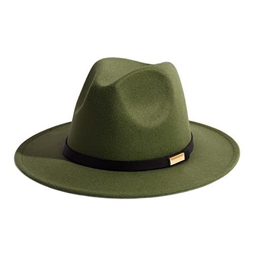 Gossifan Fedora Hats for Men Wide Brim Panama Hat with Classic Belt-B Belt Oilve Green