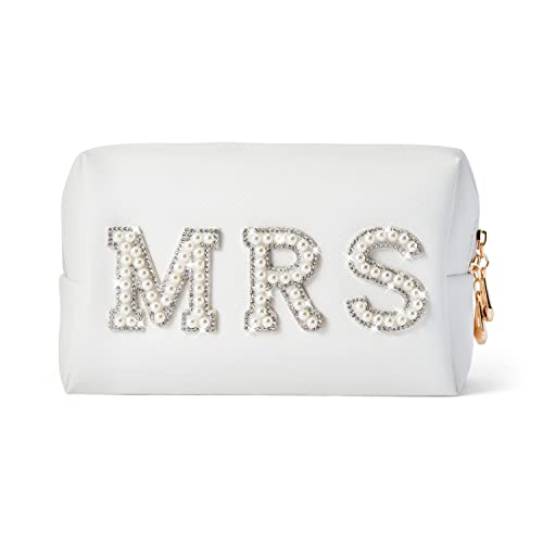 Y1tvei Bling Varsity Letter Makeup Bag - Pearl Rhinestone Patches, PU Leather, Waterproof Zipper Purse for Women