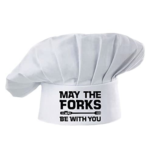 Hyzrz Funny Chef Hat -May The Forks Be with You- Adjustable Kitchen Cooking Hat for Men and Women (White)