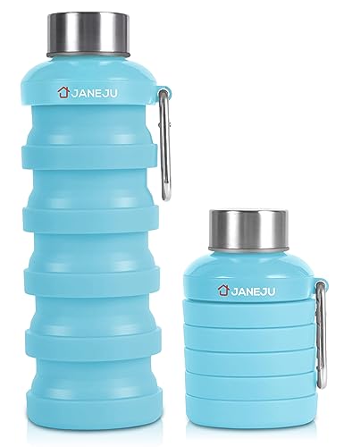 JaneJu Collapsible Water Bottle, 17oz BPA Free Silicone Reusable Portable Lightweight Foldable Water Bottles with Carabiner, Portable Leak Proof Sports Water Bottle (Blue)
