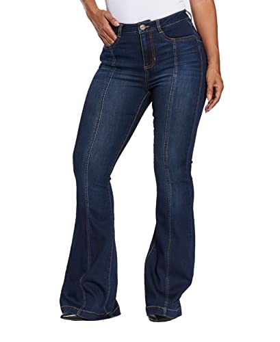 dollhouse Women's Dark wash high Rise Curvy Flare with Front Seam Detail Zipper Fly and Button Closure, Northshore, 5