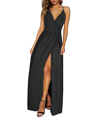 II ININ Women's Sundresses 2024 Fashion Outfits Wedding Guest Beach Dresses V Neck Spaghetti Strap High Waist Side Split Long Maxi Dress Black