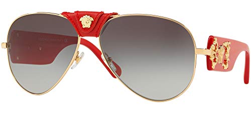 Versace Baroque VE 2150Q 100211 Gold Red Leather Metal Aviator Sunglasses Grey Gradient Lens