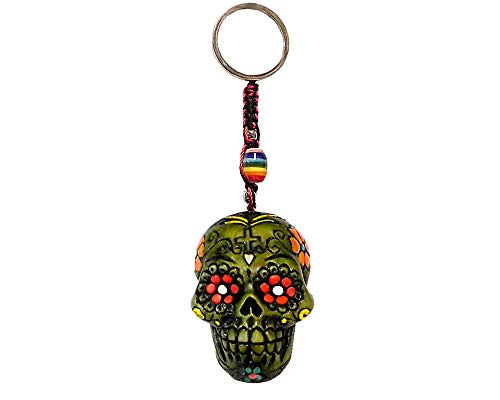 Gypsy Daze Smokes Day of the Dead Sugar Skull 3D Figurine Keychain Multicolored Macramé Metal Ring - Handmade Gifts Boho Car Keys Bag Accessories (Lime-Green)