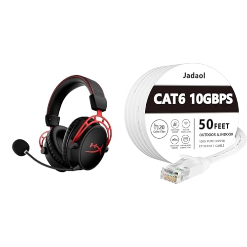 HyperX Cloud Alpha Wireless - Gaming Headset for PC, 300-hour Battery Life, DTS Headphone & Jadaol Cat 6 Ethernet Cable 50 ft, Outdoor&Indoor 10Gbps Support Cat8 Cat7 Network