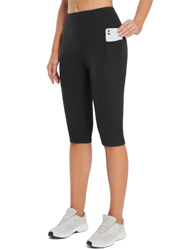 BALEAF Women's Capri Leggings Knee Length High Waisted Petite Yoga Casual Workout Exercise Capris with Pockets Black M