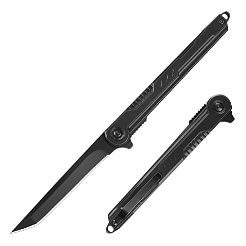 FUNBRO EDC Pocket Knife - 7CR13Mov Steel Tanto Blade, Slim Survival Knife with Clip and Liner Lock, Window Breaker - For Outdoor Camping