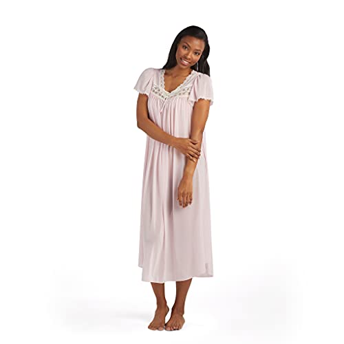 Miss Elaine Nightgown - Long Silk & Sheer Nylon Gown with Flutter Sleeves (Medium, Pink)