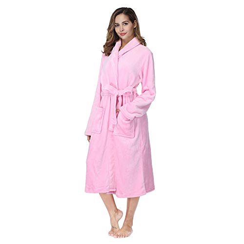 RONGTAI Womens Bathrobe Ladies Fleece Plush Warm Long Robes （Large,Pink）