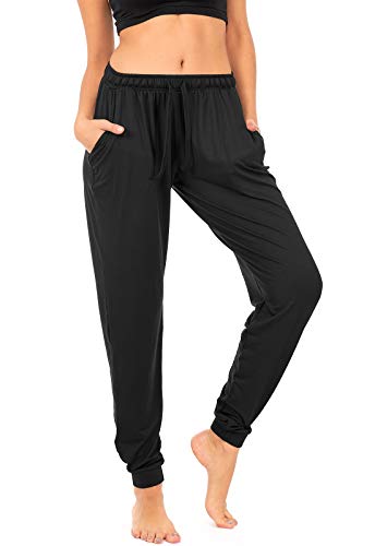 DEAR SPARKLE Jogger with Pockets for Women Drawstring Lightweight Sweats Yoga Lounge Pants + Plus Size (P7) (Black, X-Large)