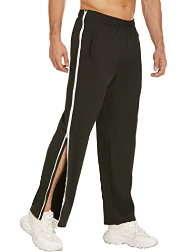 Deyeek Mens Tear Away Basketball Pants 2 Side Zippers Snap Off Full Open Down Sweatpants Leg Post Surgery Pant with Pockets Black