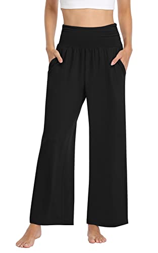 TARSE Womens Lightweigt Wide Leg Pants Casual Summer Loose Yoga Sweatpants Comfy Soft Lounge Pajama Flowy Pants Pockets(Black,M)