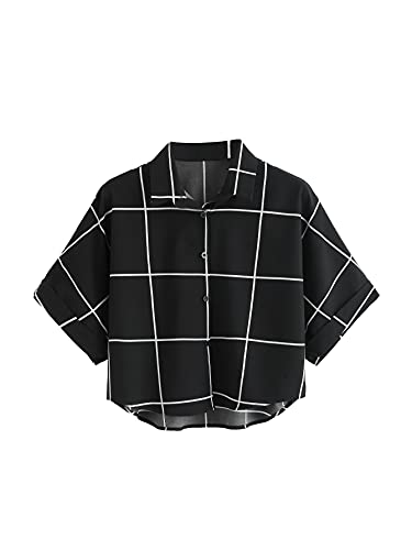 MakeMeChic Women's Summer Short Sleeve Plaid Button Down T Shirt Blouse Crop Top A Black L
