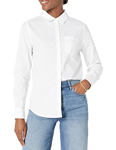 Amazon Essentials Women's Classic-Fit Long-Sleeve Button-Down Poplin Shirt, White, Large