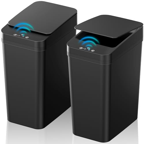 KOEYLE 2 Pack 2.2 Gallon Automatic Touchless Garbage Can, Small Motion Sensor Smart Trash Can, Slim Waterproof Trash Bin for Bedroom, Bathroom, Office, Living Room, Black