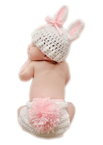Newborn Baby Bunny Rabbit Crochet Knitted Photography Props Newborn Baby Outfits Diaper Costume (White)