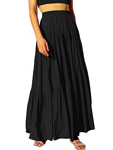 ANRABESS Women’s Boho Elastic High Waist Pleated A-Line Flowy Swing Asymmetric Tiered Maxi Long Skirt Dress with Pockets Black 617heise-M