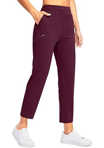 SANTINY Women's Golf Pants with 3 Zipper Pockets 7/8 Stretch High Waisted Ankle Pants for Women Travel Work (Wine_XS)