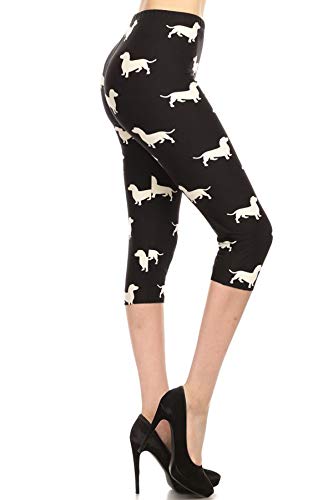 Leggings Depot High Waisted Checkered & Animal Print Leggings for Women-Capri-S668, Wiener Dog, One Size