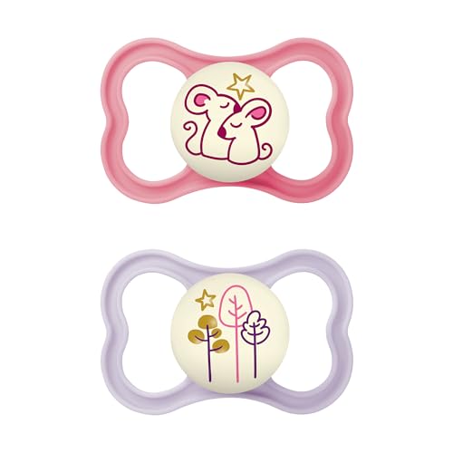 MAM Air Night Pacifiers (1 Sterilizing Pacifier Case), MAM Sensitive Skin Pacifier 6+ Months, Glow in the Dark Pacifier, Best Pacifier for Breastfed Babies, Baby Girl Pacifiers, 6-16 (Pack of 2)
