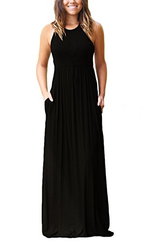 GRECERELLE Women's Round Neck Sleeveless A-line Casual Maxi Dresses with Pockets