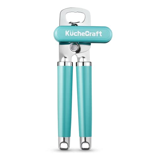 KucheCraft Can Opener Manual, Heavy Duty, Handheld With Stainless Steel Sharp Blade, Ergonomic Hand Grip and Larger Turning Knob, Built in Bottle Opener(Blue)