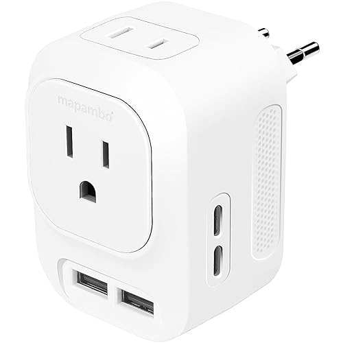 Mapambo 220V to 110V Voltage Converter, European Universal Travel Plug Adapter with 2 USB Port 2 USB C International Power Adapter for Phone Camera AirPods Smart Watch US to Most of Europe (White)