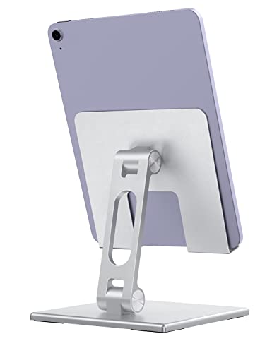 ALASHI Tablet Stand for Desk, Stable Tablet Holder with Heavy and Thickened Metal Base for Large Tablet Device, Multi-Angles Adjustable and Foldable, Universal Supports 7-13.3 Inches Tablet, Silver