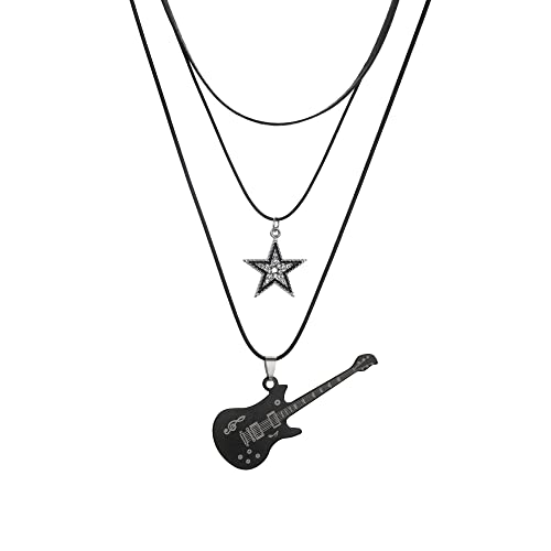 Yuoos Star Vintage Necklace Punk Star Choker Rock Roll Guitar Layered Necklace for Women Men Eboy Egirl