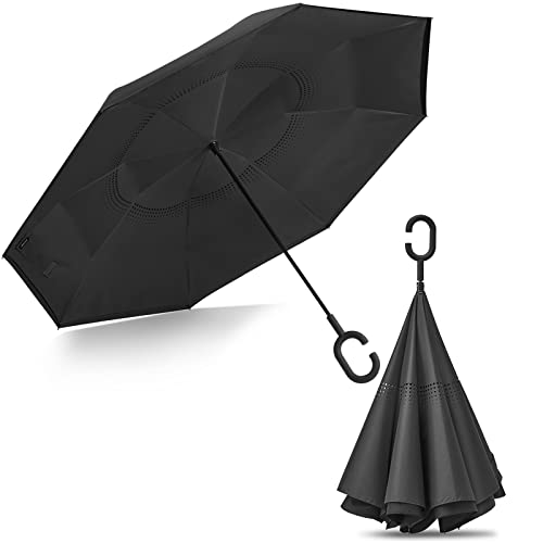 G4Free 62 Inch Large Reverse Umbrella with C-Shaped Handle, Windproof Upside Down Inverted Close Rain Umbrella for Women and Men (Black)