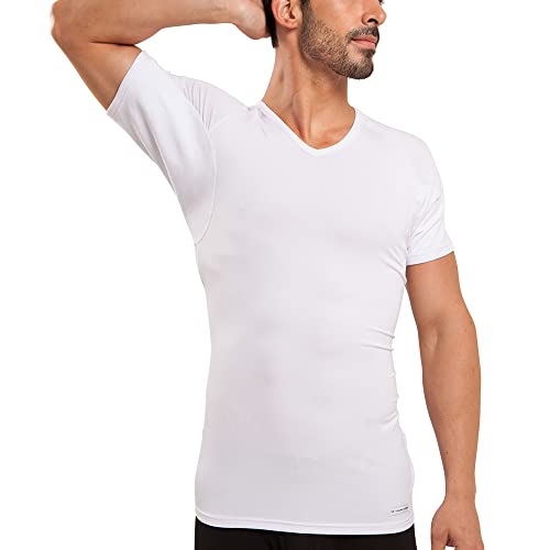 Ejis Men's Sweat Proof Undershirt, V Neck, Anti-Odor Silver, Micro Modal, Sweat Pads (Large, White)