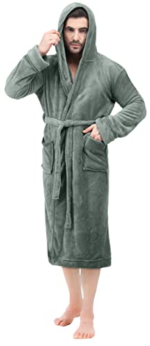 NY Threads Mens Hooded Fleece Bathrobe Plush Long Spa Robe, Large-X-Large, Steel Grey