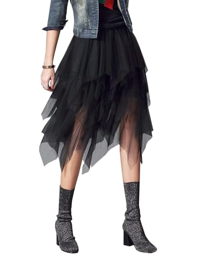 Tulle Skirts for Women 3 Layered High Low Asymmetrical Midi Length Elastic Waist Mesh Tutu Skirt (#1 Black)