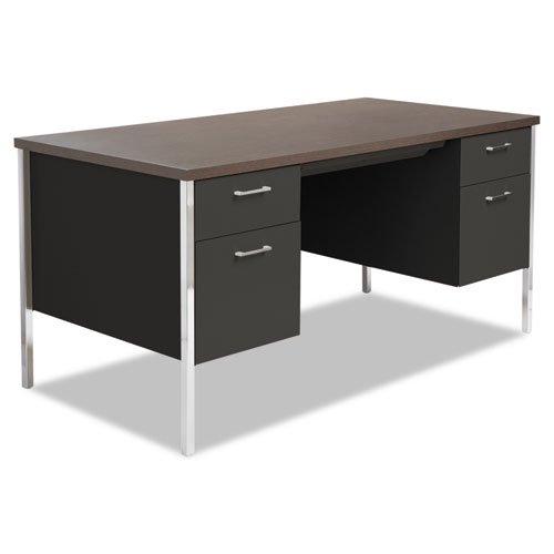 Alera Double Pedestal Desk - Rectangle - 4 Legs - 5 Drawers - 2 Pedestals - 60 X 30 X 29.5 - Steel, Aluminum, Steel - Black Base, Walnut Top