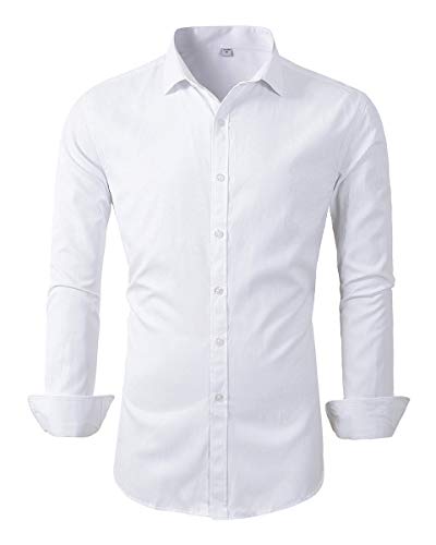 Mens Long Sleeve Slim Fit Dress Shirts (C455 White,M)