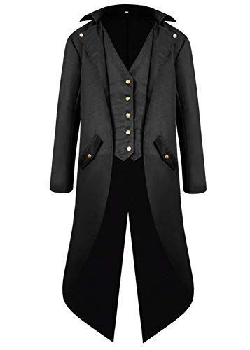 Renaissance Steampunk Tailcoat Halloween Costumes for Men, Retro Pirate Victorian Gothic Medieval Jacket Vintage Frock Coat (M(Chest: 45'), Black)