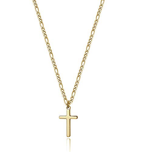 Cross Necklace for Men Polished 14K Gold Filled Stainless Steel Plain Cross Pendant Figaro Chain Necklace Simple Religious Jewelry Gift for Boy Women Girls 18 Inches