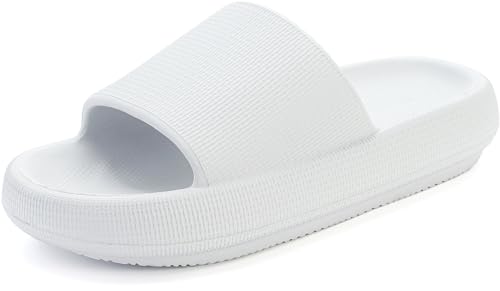 BRONAX Slides for Women and Men Lightweight Open Toe Sandles Female Bathroom Soft Pillow Slippers House Sandals Comfy Cushioned Thick Sole 42-43 White