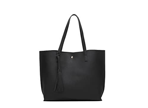 Dreubea Women's Soft Faux Leather Tote Shoulder Bag from, Big Capacity Tassel Handbag Black
