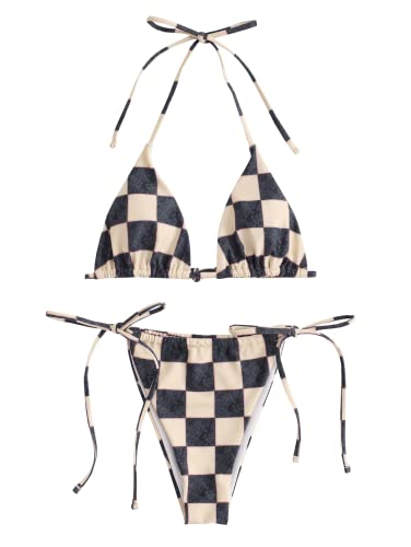 ZAFUL Plaid Checkerboard Halter Bikini for Women Triangle Bikini Sets Tie Side High Cut Two Piece Swimsuit Black M